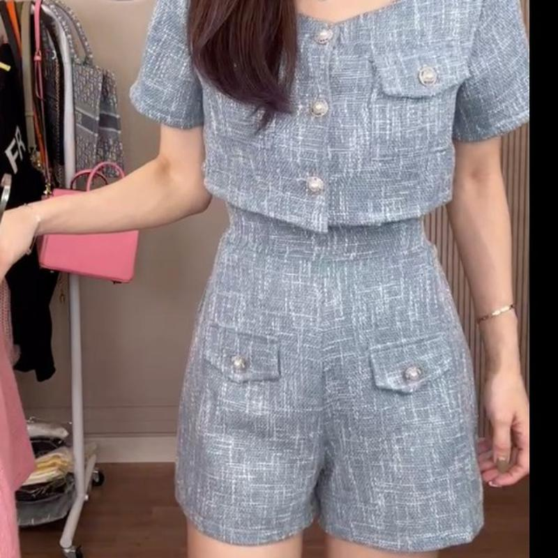 套裝 高級感小香套装女 法式氣質 寬鬆短袖上衣 迷你短褲兩件式套裝 名媛夏天套裝 高級感休閒套裝 女生套裝